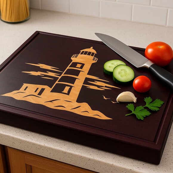Purpleheart End Grain Cutting Board with Maple Lighthouse - Picture 4 of 5